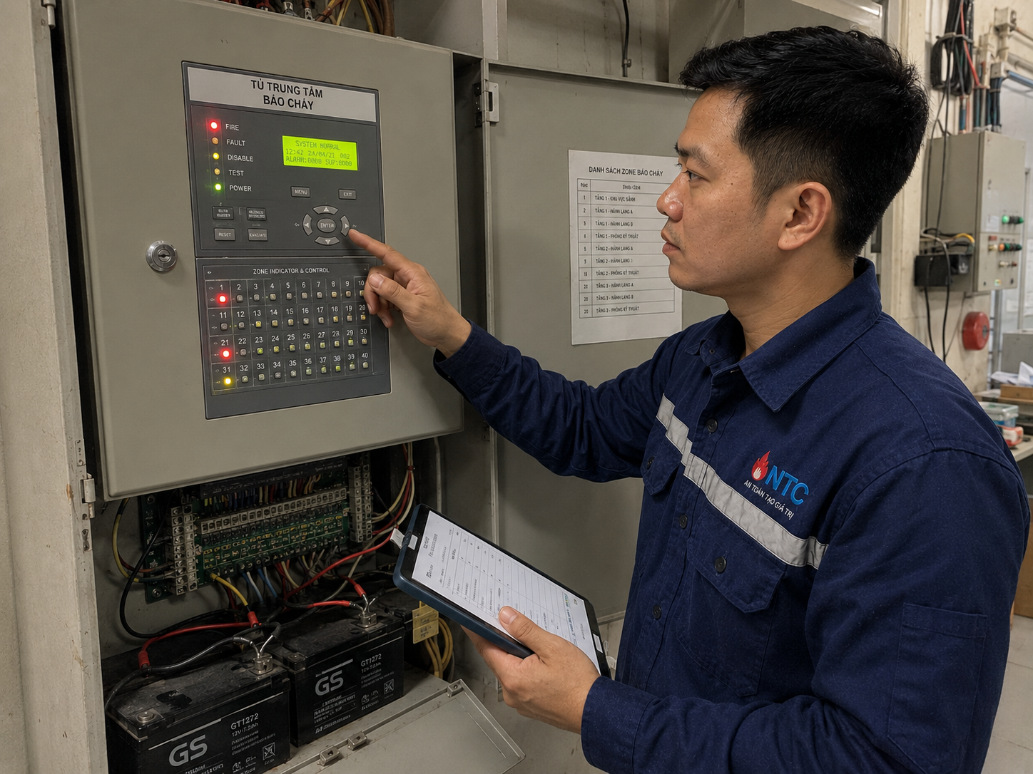 Kỹ thuật viên NTC kiểm tra dấu hiệu hư hỏng của hệ thống báo cháy