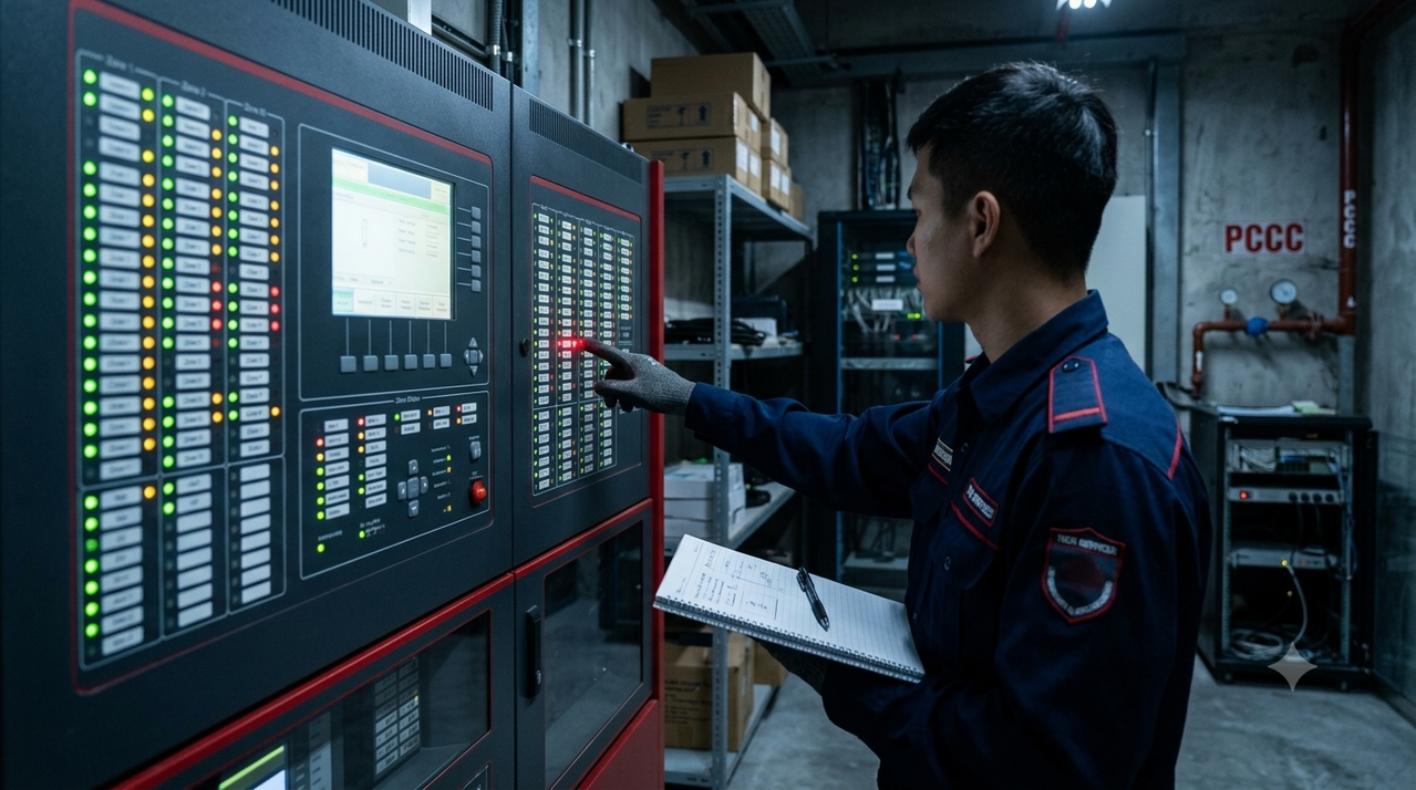 Bảng điều khiển tủ báo cháy trung tâm tại một tòa nhà