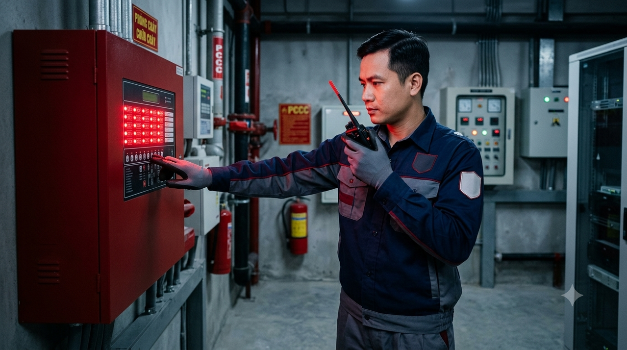 Nhân viên vận hành xác minh tín hiệu báo cháy tại tủ trung tâm