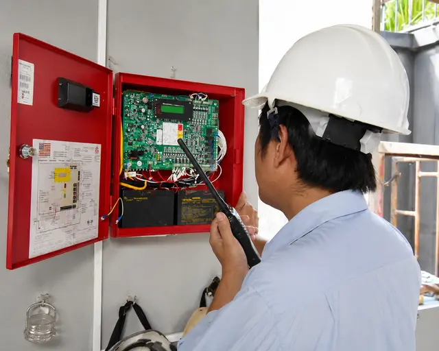 Kỹ thuật viên kiểm tra tủ báo cháy