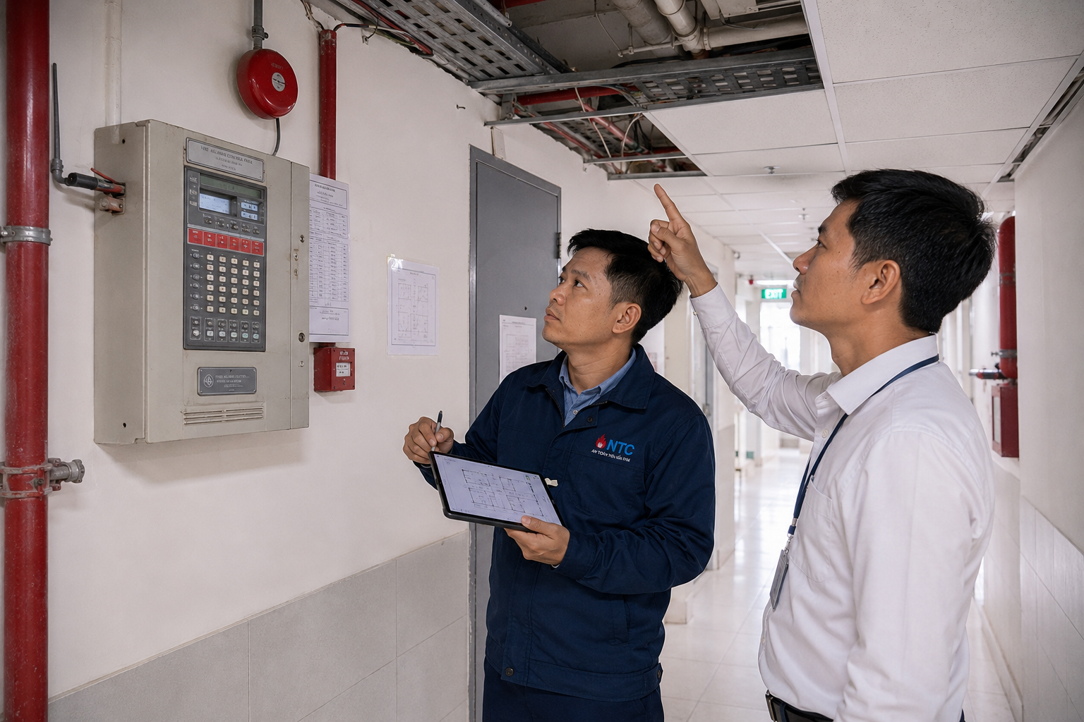 Kỹ sư NTC khảo sát công trình để lập báo giá bảo trì hệ thống báo cháy