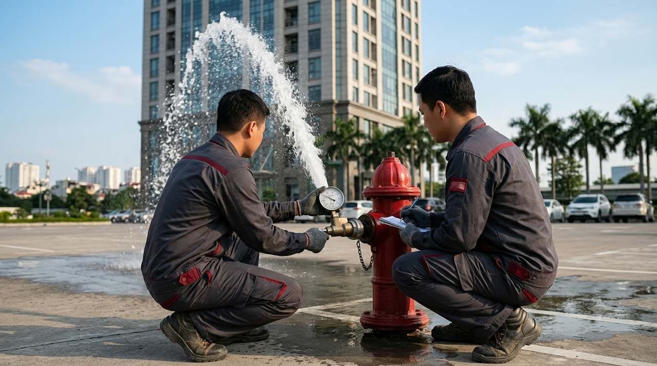 Kỹ thuật viên NTC đo áp lực nước tại họng chữa cháy vách tường