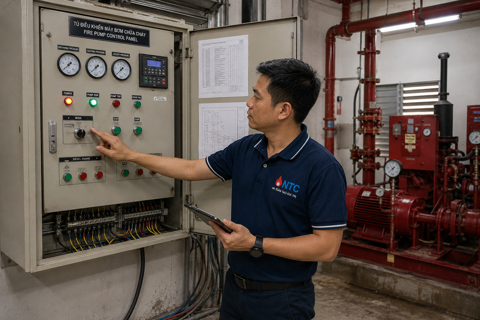 Kỹ sư NTC kiểm tra tủ điều khiển máy bơm chữa cháy tại công trình
