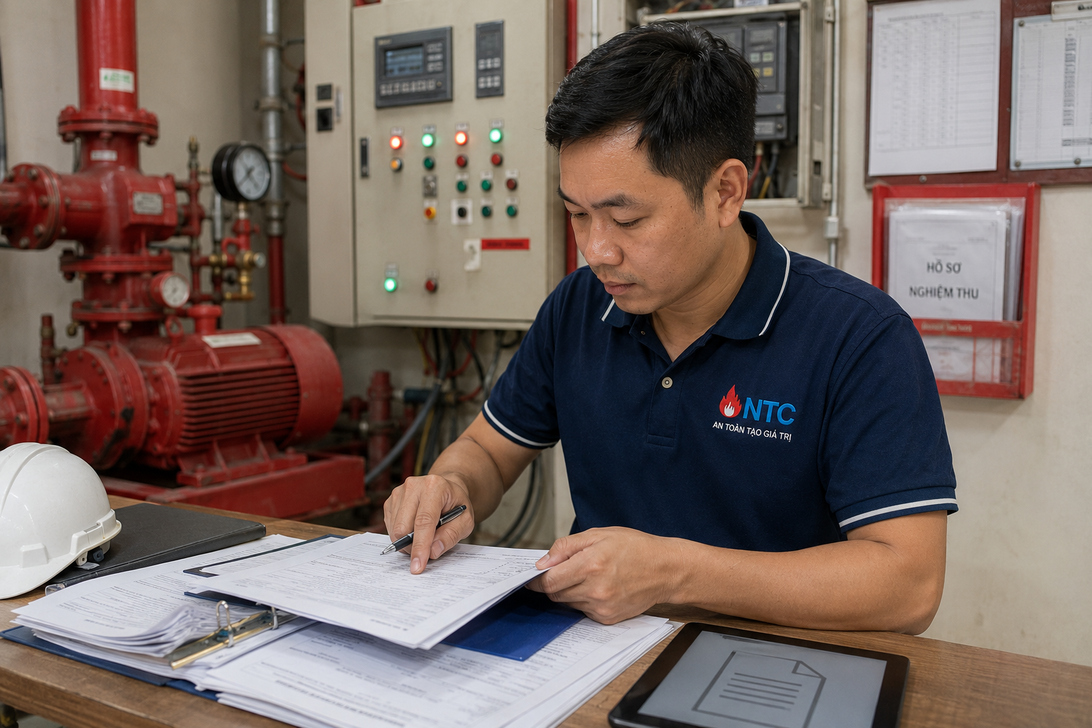 Kỹ sư NTC kiểm tra hồ sơ nghiệm thu và tình trạng vận hành hệ thống PCCC
