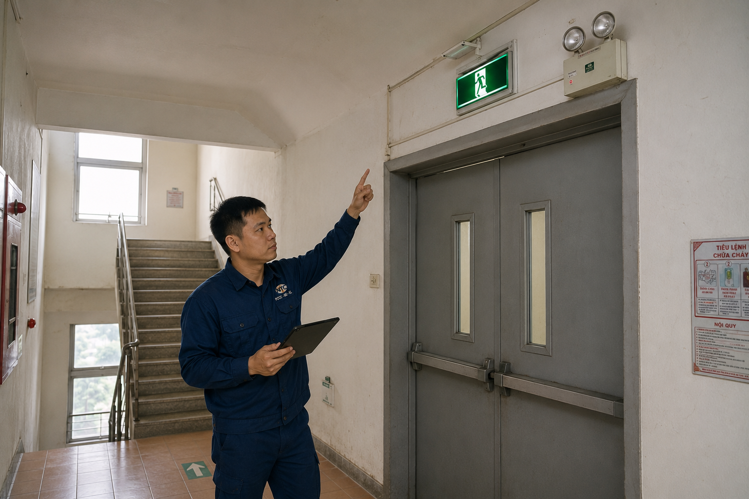 Kỹ thuật viên NTC khảo sát công trình để báo giá bảo trì hệ thống thoát nạn