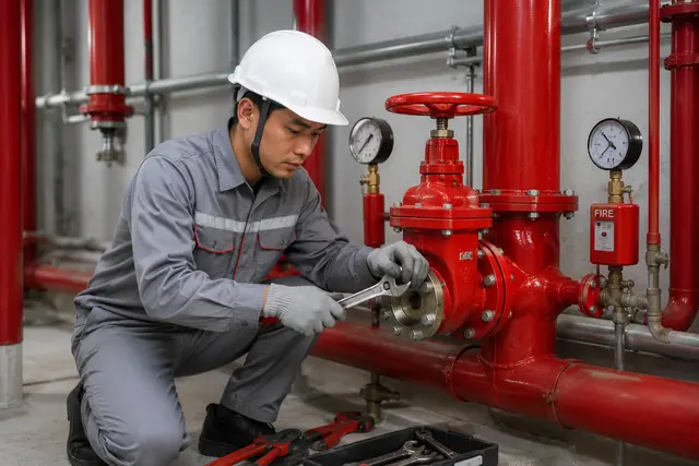 Kỹ thuật viên lắp đặt van chữa cháy