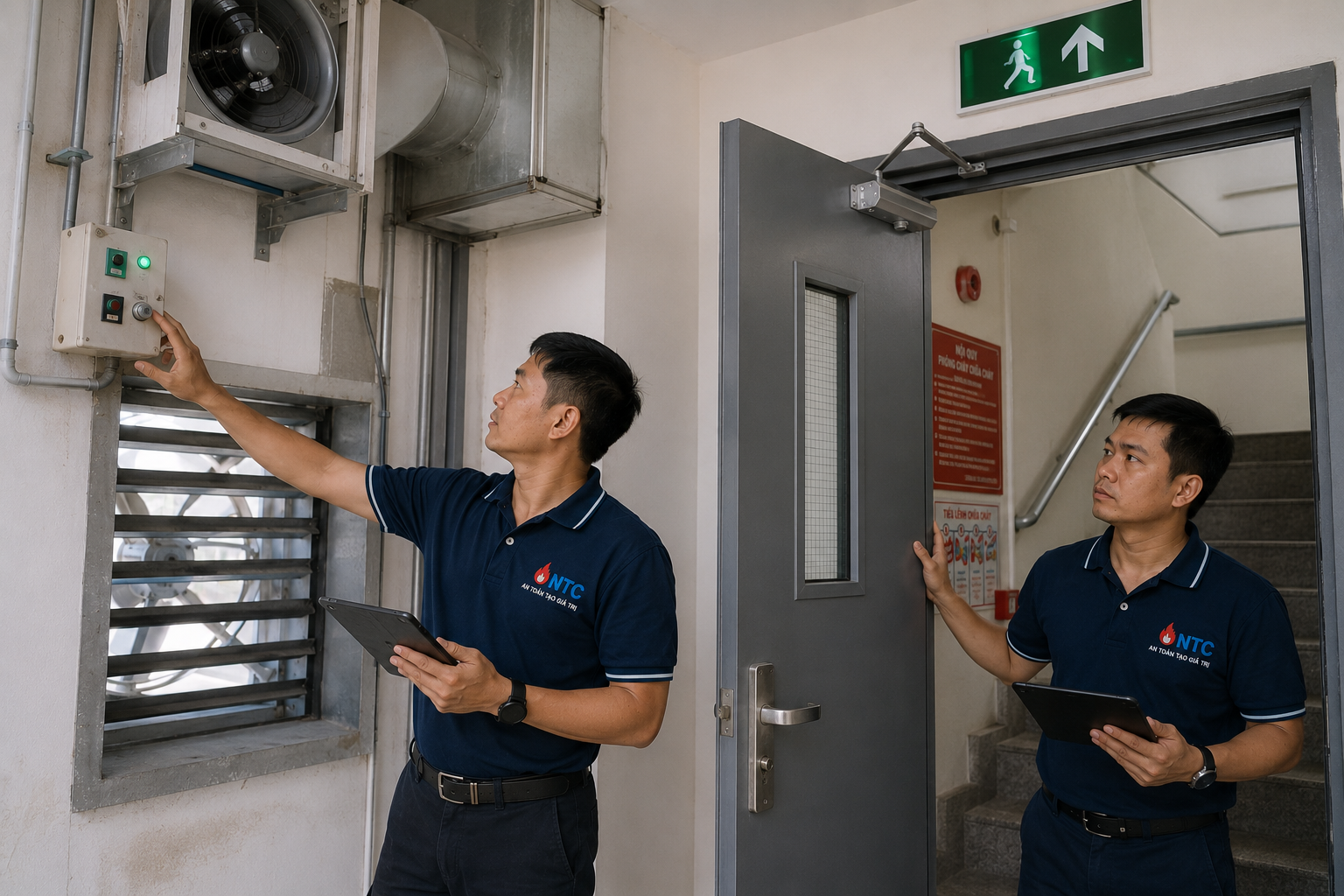 Đội ngũ kỹ sư NTC khảo sát hệ thống báo cháy tại công trình