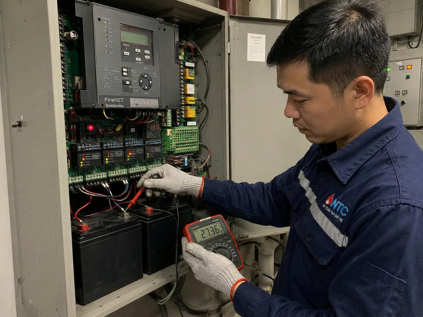 Kỹ sư NTC kiểm tra tủ trung tâm báo cháy và nguồn điện dự phòng