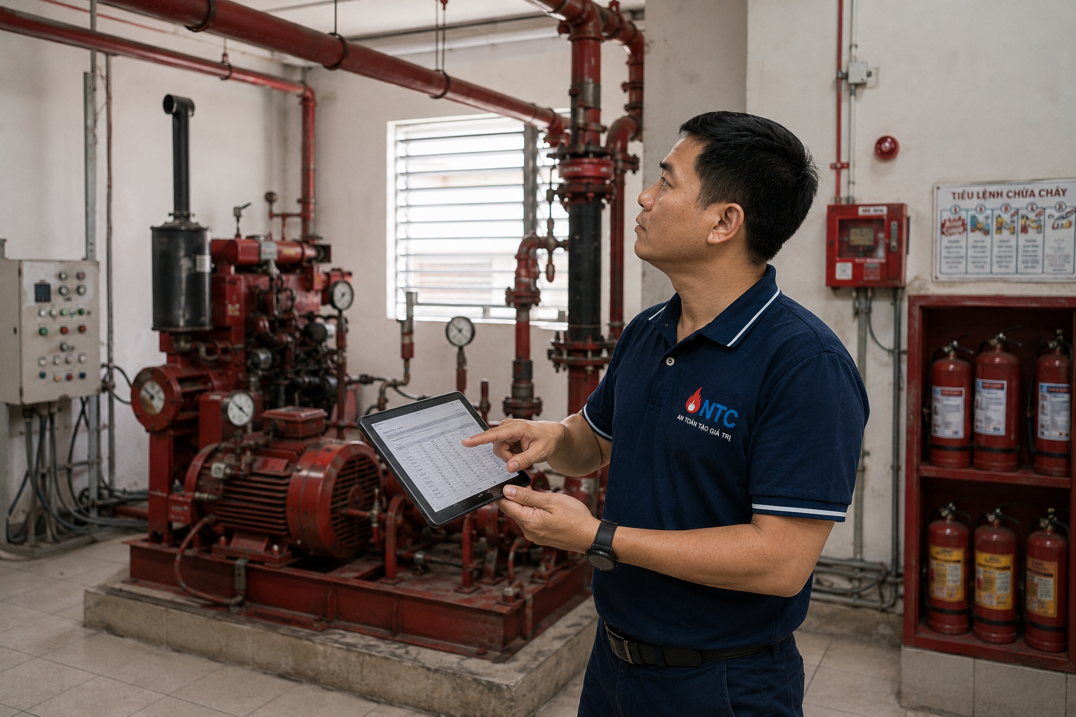 Kỹ sư NTC khảo sát công trình để lập báo giá bảo trì hệ thống chữa cháy
