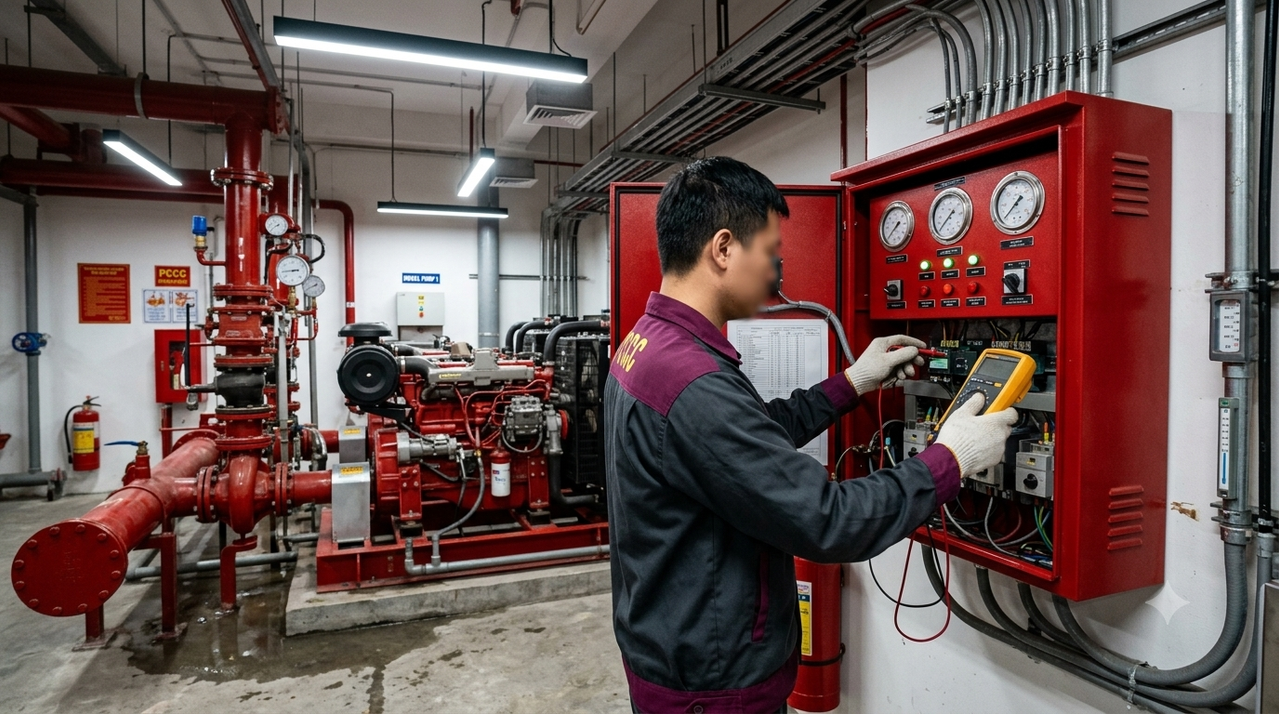 Sơ đồ nguyên lý kết nối liên động giữa tủ báo cháy và bơm chữa cháy