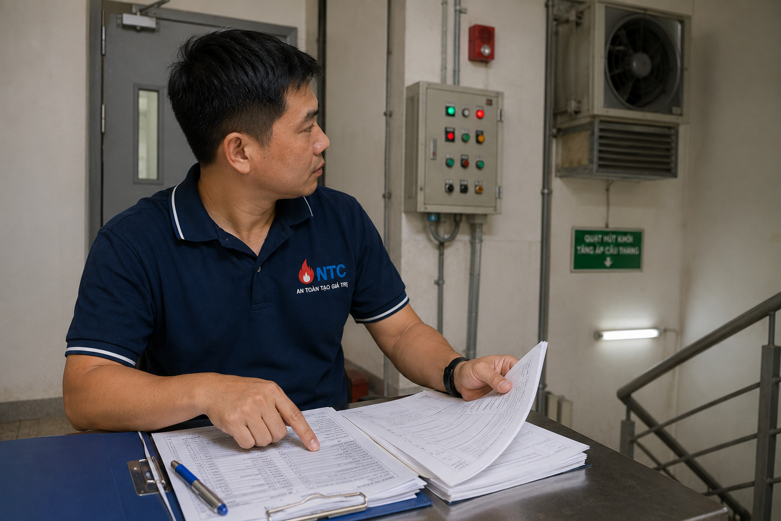 Kỹ sư NTC kiểm tra hồ sơ nghiệm thu và tình trạng vận hành hệ thống báo cháy