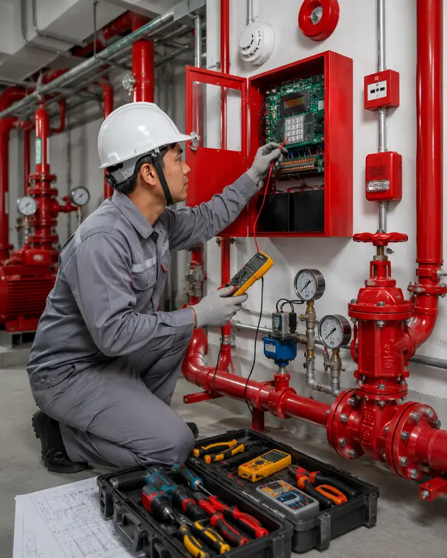 Kỹ thuật viên xử lý thiết bị báo cháy